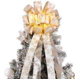 Zeyune Christmas Tree Topper 12 x 45 inches Large Christmas Bows LED Lights Glitter Satin Mesh Streamer Snowflake Ribbon Decorative Bows for Christmas Tree Decorations(Champagne)