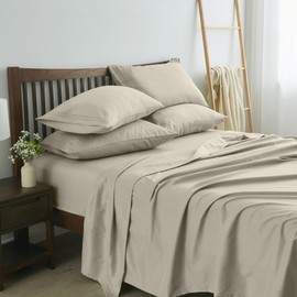 LINENLINE King Sheet Set, Rayon Derived from Bamboo, 6pcs Cooling Sheet with 4 Pillowcases, Soft & Breathable, 16" Deep Pocket, King Size Cooling Sheets, Luxury Hotel Bed Sheets, Sand