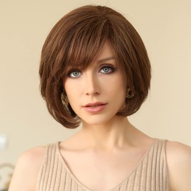 EMMOR Hand-Tied Lace Front Wig, 100% Human Hair Wigs for Women Natural Layered Wig, Wavy Different Style for White Women(Brown)
