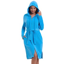 Mnamo Women's Bathrobe Hooded Zip Terry Cloth with Belt Soft Microfibre Long Sleeve Bathrobe Ideal for Home and Wellness, turquoise