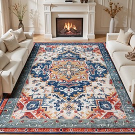 8x10 Area Rug for Living Room, Machine Washable Area Rugs with Non-Slip Backing, Blue Large Soft Thick Boho Vintage Rug for Bedroom, Dining Room, Low Pile Farmhouse Carpet, Kids Pet Friendly, Red