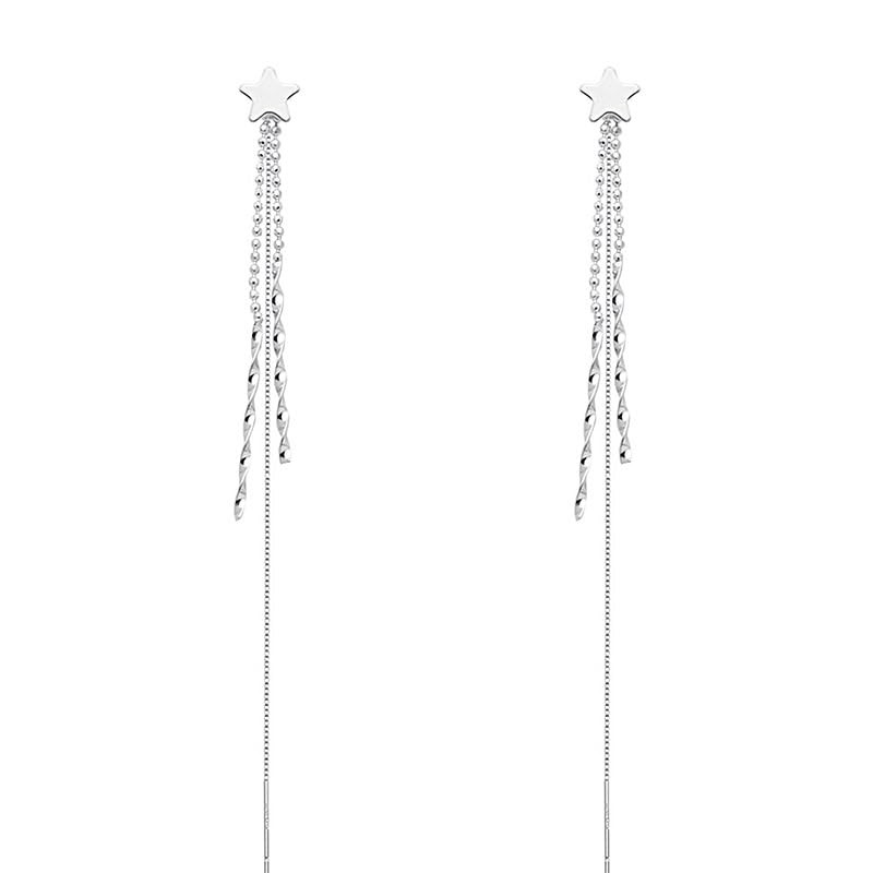 Sterling Silver Long Pull Through Threader Star Bead Wavy Tassel