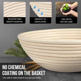 Walfos Round Banneton Proofing Basket Se t9"/23cm - French Style Sourdough Bread Basket, 100% Natural Rattan - Hand Crafted Bread Lame, Linen Cloth Liner & Dough Scraper Included, Professional Bakers