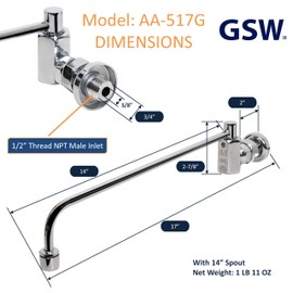 AA Faucet Wok Range Center-On Automatic Faucet with 14" Spout & 1/2" Male Inlet for Restaurant Kitchen AA-517G (1/2" Inlet 14" Spout)