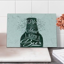 Lunarable Manly Cutting Board, Retro Lettering of Life is Short I Need a Beer Calligraphy Print Vintage Stripes, Decorative Tempered Glass Cutting and Serving Board, Small Size, White and Black