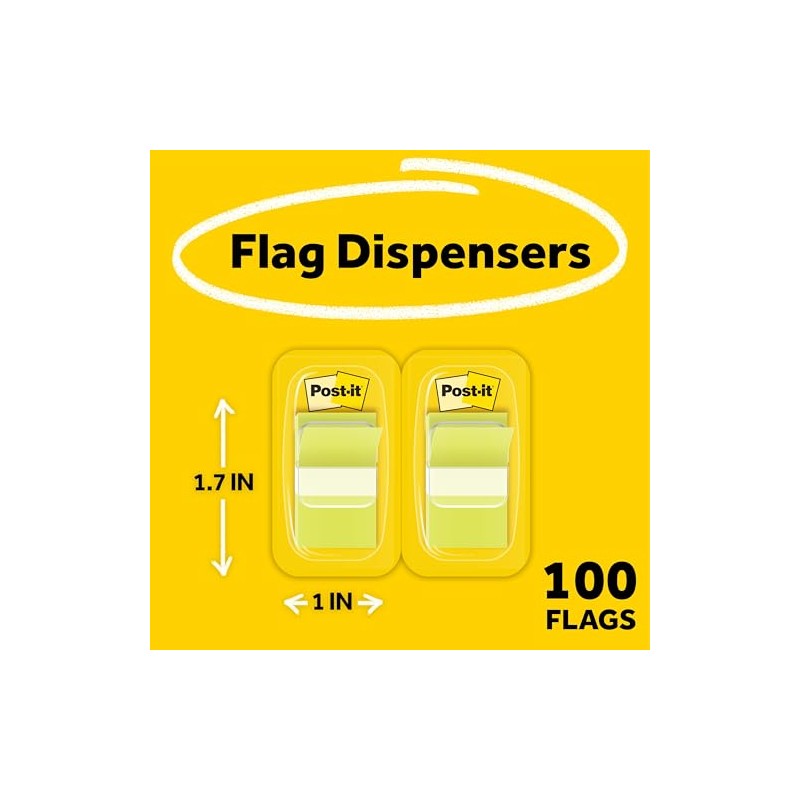 Post-it Flags, Bright Green, 1-Inch Wide, 50/Dispenser, 2-Dispensers/Pack