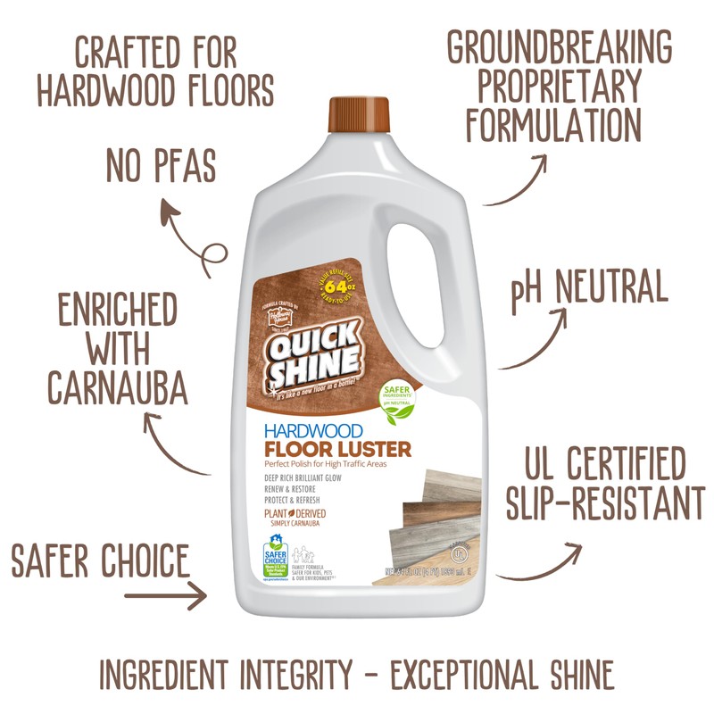 Quick Shine Hardwood Floor Luster-Polish 64oz-2pk Plant-Derived w/Carnauba Safer Choice,
