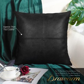 BRAWARM Faux Leather Throw Pillow Covers 16 X 16 Inches, Black Leather Pillow Cover, Hand Stitched Leather Decorative Pillow Cover for Couch Sofa Bed Living Room Home Garden