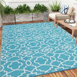 FairOnly 9×18 Large Outdoor Rug Waterproof Plastic Straw Rug Modern Rug Floral Outdoor Area Rug Carpet Rv Mat Outdoor Patio Camping Rug for Picnic Backyard Deck Balcony Porch,Light Blue and White