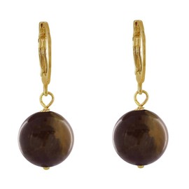 LES POULETTES BIJOUX - Gold-Plated Earrings Mini Hoop and Tiger's Eye Pearl, Tigers Eye