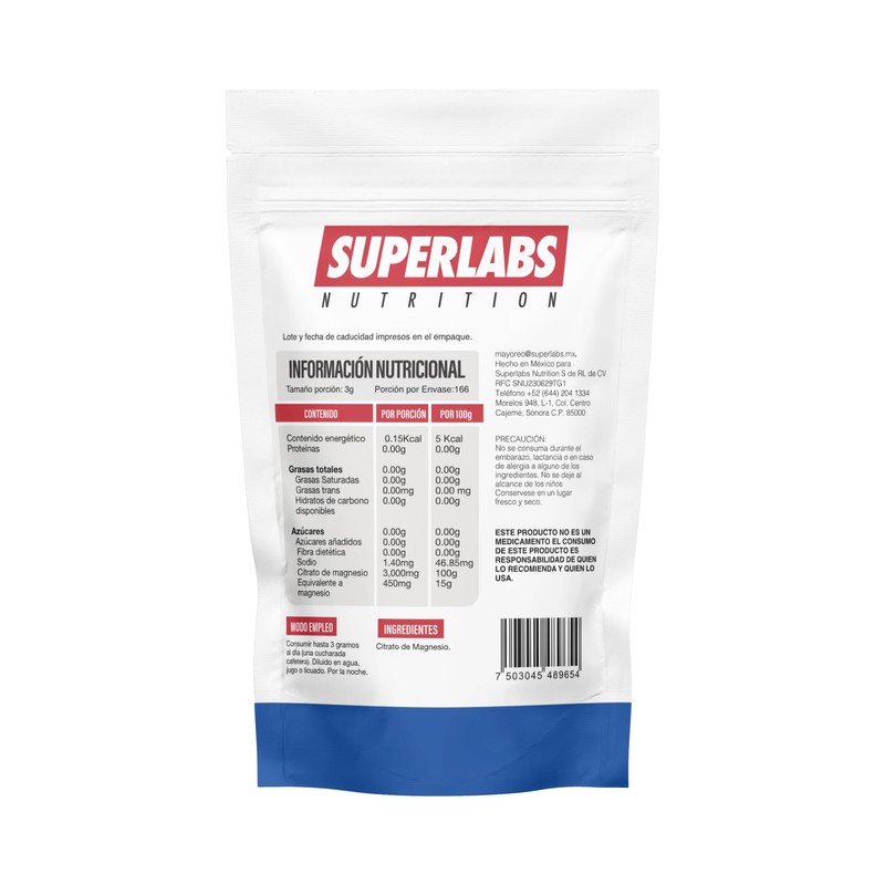 Superlabs Nutrition Citrato de Magnesio Premium en Polvo 500 gramos