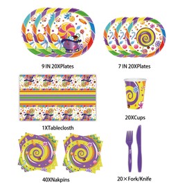 141Pcs Chocolate Candy Birthday Decorations Plate Include Plates-Napkins-Cups-Forks-Knives and Tablecloth for Kids Birthday Party Supplies