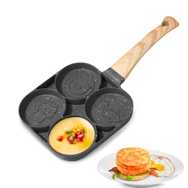 FOGARI Pancake Pan, Non-Stick Coating 4 Hole Fried Egg Pan, Various Patterns Pancake Pan, Suitable for Induction Cookers, Gas Stoves