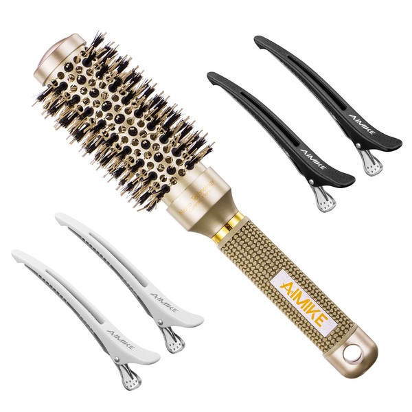 AIMIKE Round Brush, Nano Thermal Ceramic & Ionic Tech Hair Brush, Small Round Barrel Brush with Boar Bristles for Blow Drying, Styling, Curling and Shine (2.4 inch, Barrel 1.3 inch) + 4 Free Clips