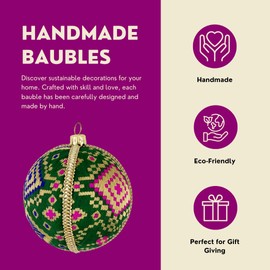 Alex Handmade Upcycled Bauble | 8cm Green with Gold Brocade | Pink & Purple Accents | Unique Christmas Ornament | Eco-Friendly Décor | Sustainable Elegant Tree Decoration
