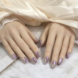 Pure Handmade Nails Press on Nail Reusable Fake Short Lavender Aurora Nails Bling Bling Nude Medium Stick on Nails French Tip False Nails 10pcs (L, Q261)