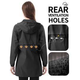 iCreek Women's Long Rain Jacket Waterproof Lightweight Packable Raincoat Hood Outdoor Windbreaker for Hiking, Cycling, Travel (Black, XX-Large)