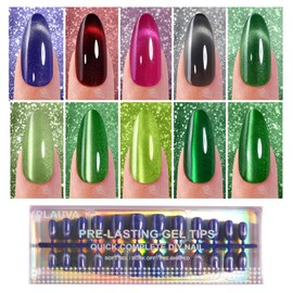 Plauva Cat Eye Press on Nails Medium Almond, 240Pcs Soft Gel Fake Nails, Glossy Glitter Cat Eye Nail Tips for Women and Girls Stick On Nails in 12 Sizes