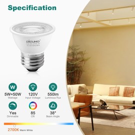 DiCUNO PAR16 LED Bulb Dimmable, 5W Short Neck Spotlight Bulb, 550Lumen, 38° Beam Angle, Warm White 2700K, 50W Equivalent, E26 LED Bulb for Recessed Light, Curio Cabinet, Pack of 6