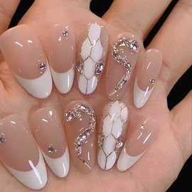 24Pcs French Tip Press on Nails Snake design Element Fake Nail Medium Almond False Nails Acrylic Full Cover Fake Nail Kit Glossy With Rhinestones Artificial Fale Nails For Women And Girls Manicure