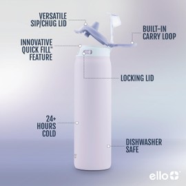 Ello Pop & Fill 22oz Stainless Steel Water Bottle with Quick Fill Technology, Double Walled and Vacuum Insulated Metal, Leak Proof Locking Lid, Sip and Chug, Reusable, BPA Free, Aurora