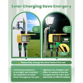 Sprinkler Timer, Solar Energy Water Timer for Garden Hose, Outdoor 2 Zone Hose with Rain Delay/Automatic/Manual Watering System, Digital Programmable Faucet Timing Irrigation for Lawn, Yard(No WiFi)