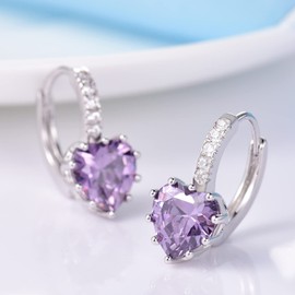 GULICX 925 Sterling Silver CZ Amethyst Color Huggie Earrings Hoops Purple Heart Shape Cubic Zirconia