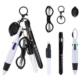 6pcs Nurse Pen Set, Badge Pens for Nurses Including Marker Pen Retractable Ball Pen Foldable Scissors Flashlight Badge Reel Accessories for Nurse Gift (Black, Lobster Clasp)