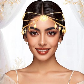 Flimire Gold Coin Head Chains Layered Sequins Egyptian Headpiece Festival Headband Chain for Women