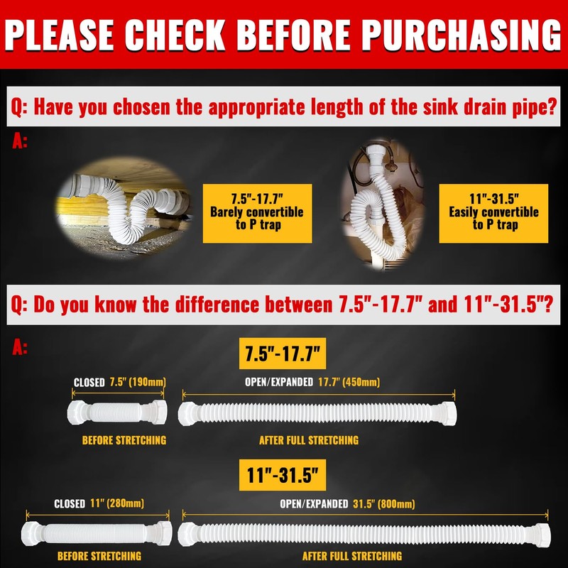 VIVIDA Flexible Sink Drain Pipe, 1-1/2" Expandable Flexible P Trap