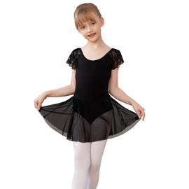 AOQUNFS Ballet Dresses Girls Lace Short Sleeve Ballet Clothing Gymnastics Dance Dress Ballet Suit Children's Ballet Jersey with Tulle Skirt, 118, black