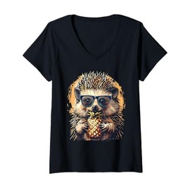 Womens Pineapple Hedgehog Portrait Animal Art Pineapple Lover Motif V-Neck T-Shirt
