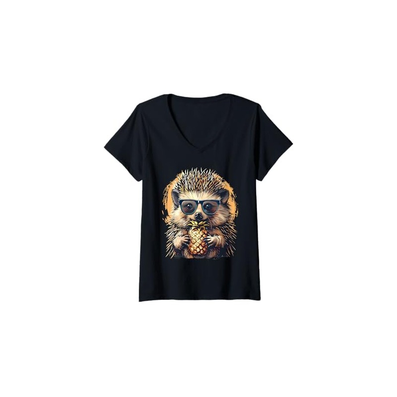 Womens Pineapple Hedgehog Portrait Animal Art Pineapple Lover Motif V-Neck