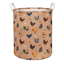 WIRESTER Canvas Fabric Collapsible Laundry Hamper, Large Storage Basket Toy Organizer Dirty Clothes for Home Bedroom Bathroom Nursery - Barnyard Chicken Roosters on Brown