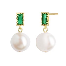 Trendlooks 14K Gold Plated Earrings Baroque Pearls Emerald Earrings for Women Freshwater Pearl Earings with S925 Post (Emerald/Pearl)