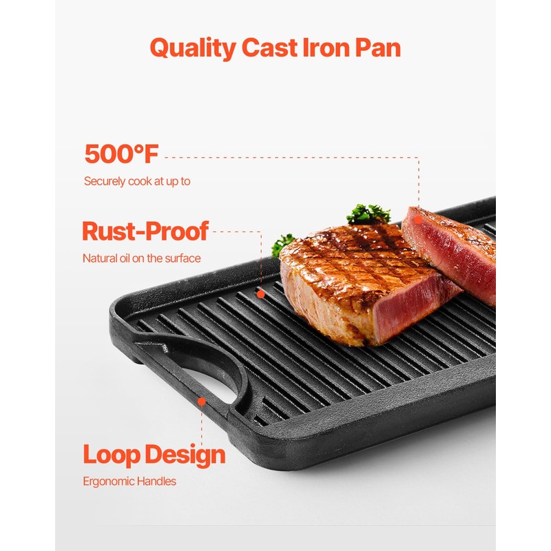 VEVOR Reversible Grill/Griddle, 20x10 inch Pre-Seasoned Cast Iron Griddle, Portable