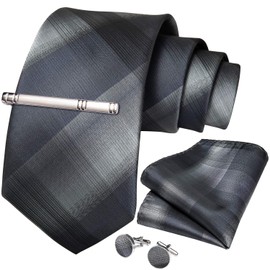 DiBanGu Mens Grey Plaid Ties Classic Silk Business Necktie with Handkerchief Cufflinks Tie Clip Set Gift Box