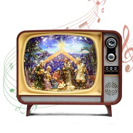 SMOOTHWIND 9.5'' Retro TV Nativity Snow Globe Water Lantern - Christmas Village, Swirling Glitter Decoration, USB Battery Operated - Lighted Musical Snowglobe Lantern Kids Xmas Gift, Home Décor