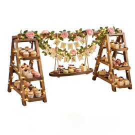 3 Tier Wooden Cupcake Stand with Swing and Flower Decoration, Dark Brown Natural Wood Dessert Swing Display Serving Set with Removable Trays, Rustic Wedding & Party Dessert Stand