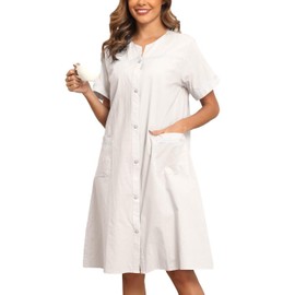 YOZLY Women Embroidered House Dress Short Sleeve Housecoat Duster Robe with Front Pockets S-3XL White Large