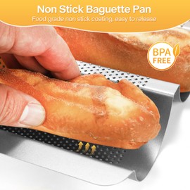 Barlket Baguette Bread Pan Set of 2, Silver Baguette Tray Perforated, Nonstick French Bread Baking Pan 3 Loaves, Oven Baking Gifts for Home Baker