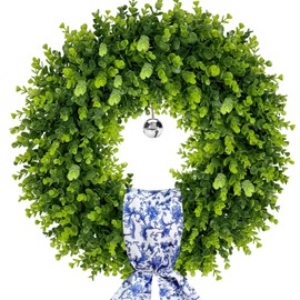 20 Inch Artificial Boxwood Wreath with Sash and Bell,Large Spring Summer Wreaths for Front Door,Green Wreaths for All Seasons as Farmhouse Wall Window Door Wedding Outside Decoration（Blue Bow）