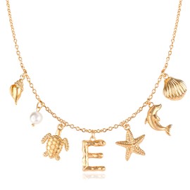 Initial E Charm Necklace For Women, Boho Gold Summer Beach Surfer Letter Necklace Starfish Seashell Pearl Turtles Dolphin Charms Pendant, Trendy Pendant Alphabet Choker Necklace Jewelry Gifts