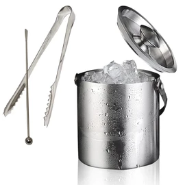 MMmall Ice Bucket, Non-Melting, Double Ice Bucket, Stainless Steel, Japanese Ice Tongs with Muddler Set (2.0L, Silver)