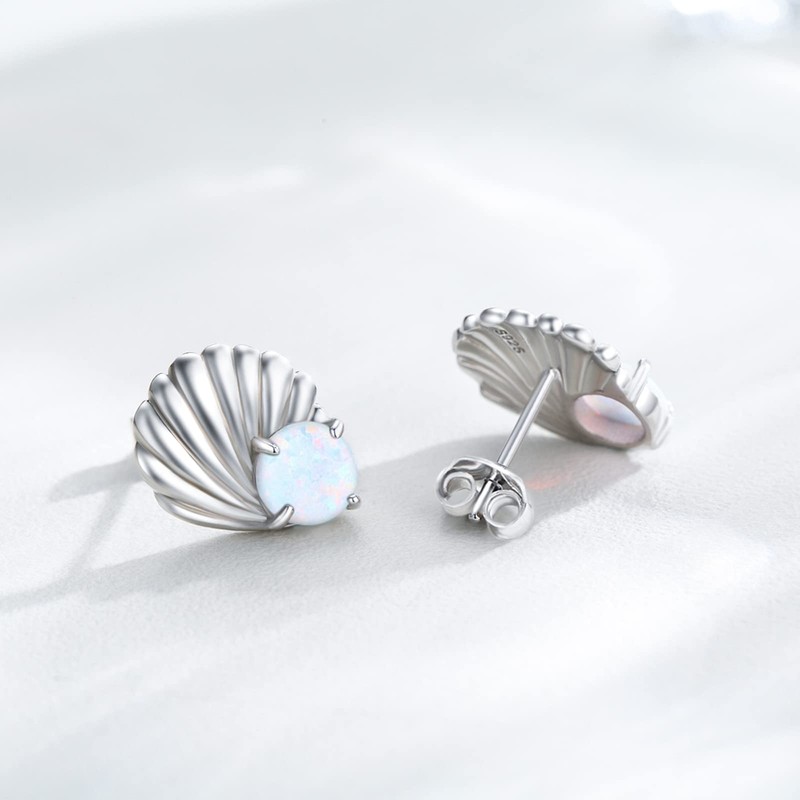 Shell Shape Earrings 925 Sterling Silver Opal Scallop Mother of