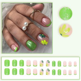 24 Pcs French Tip Press on Nails Short Round Fake Nails Press ons with Flower Designs Glossy Spring Glue on Nails St. Patrick's Day Nails Glitter False Nails Full Cover Artificial Nails for Women