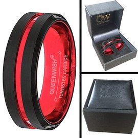 QUEENWISH 8mm Red&Black Tungsten Carbide Ring Mens Two Tone Wedding Bands Groove Beveled Edge Brushed Engagement Couples Rings Size 12