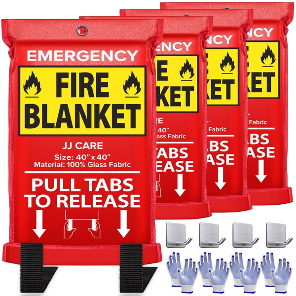 JJ CARE Fire Blanket – 4 Packs with Hooks and Gloves – Emergency Fire Blanket for Home & Kitchen, High Heat Resistant Fire Suppression Blankets for Home Safety, Kitchen, and Camping
