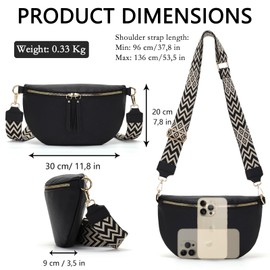 Vezluax 30 x 20 cm Large Bum Bag Women's Vegan Leather Shoulder Bag Women's Crossbody Bag Women's Belt Bag with 5 cm Wide Strap, L-black, Utility