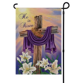 Linen He Is Risen Garden Flag Double Sided Christian Cross Flower Happy Easter Spring Summer Party Decorations and Supplies for Home-12×18''